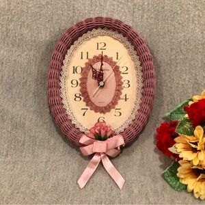 Charming Dusty Rose Wicker & Lace Oval Wall Clock
